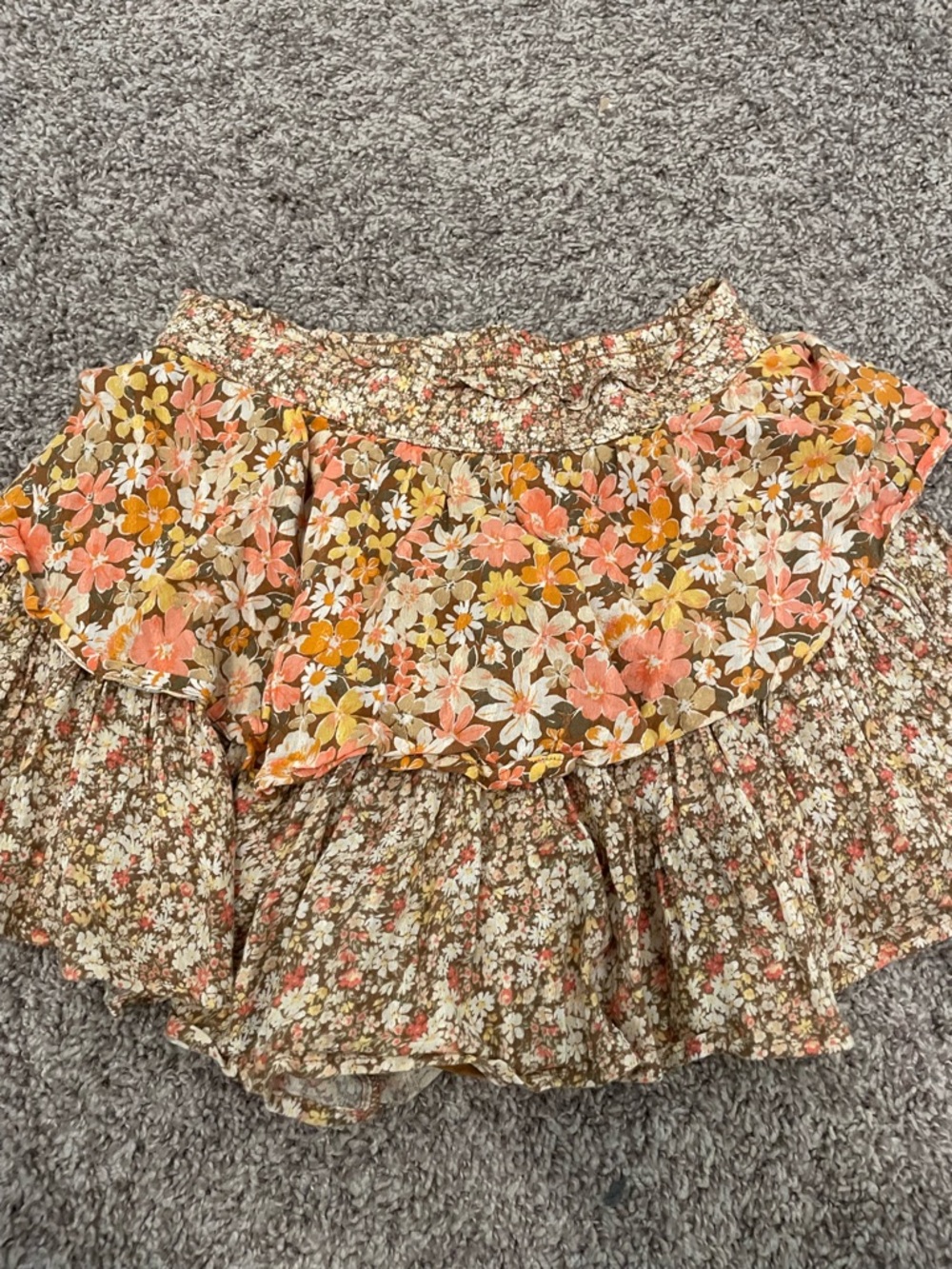 American Eagle Outfitters Floral Ruffle Mini Skirt - Peach, Yellow & Brown